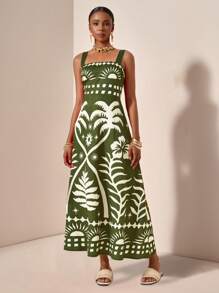 Zivah 女式夏季度假阳光和椰子树印花绿色热带波西米亚风连衣裙 - 綠色 - 查看 3