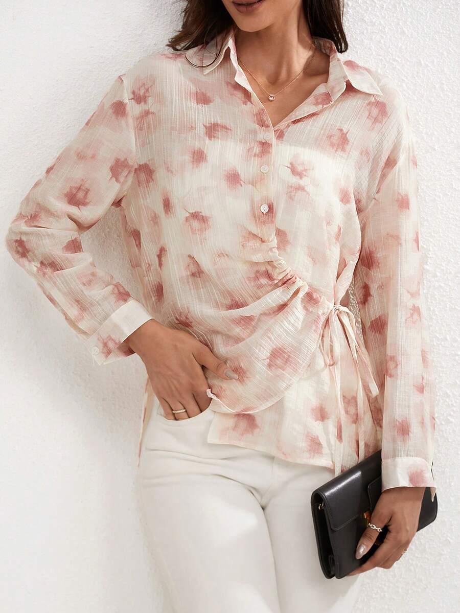 女士隨機印花簡約長袖襯衫，日常穿著