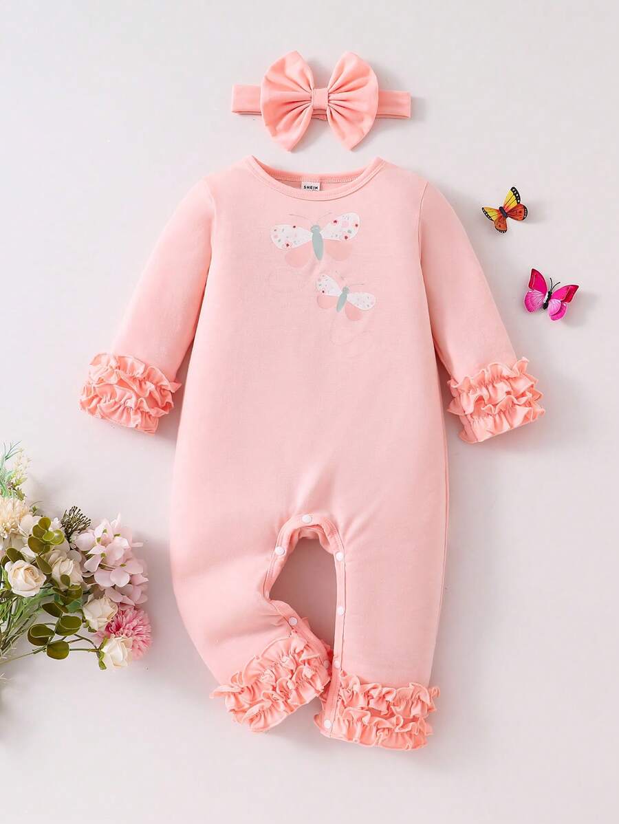 Baby Girls Pink Ruffled Cuff & Hem, Butterfly Pattern Long Sleeve Jumpsuit And Headband Set, Loungewear - Dusty Pink - View 1
