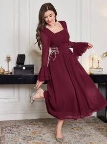 Modelyn Đầm voan dài tay loe buộc eo thanh lịch cho nữ, Xuân/Hè - Màu Đỏ Sâu - Xem 5