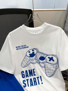 SHEIN 2pcs/Set Teen Boys Casual Gamer Graphic Print T-Shirt And Shorts Set, Summer, Cotton - White - View 6