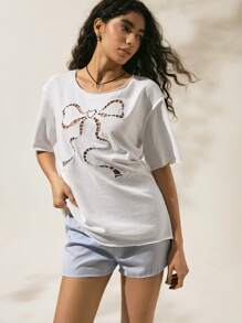 Easelle 2025 Nuovi arrivi estivi, stile vacanziero da donna, maglietta casual da donna in colore unito con fiocco cavo - Bianco - Visualizzare 6