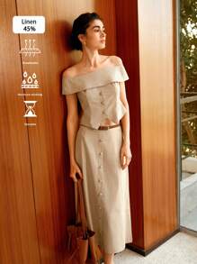 Uhlyne 休闲露肩亚麻套装，长裙，适合高个子女性，春夏 - 杏色 - 查看 2