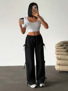 SHEIN PETITE Edgy Comfort: Black Joggers With Satin Side Ribbon Detailing - Black - View 6