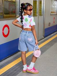 SHEIN Tween Girls Summer Boho Casual Laight Washed Loose Baggy Casual Denim Jeans Long Shorts With Bow Decoration,Girls Summer Beach Concert Rave Outfits