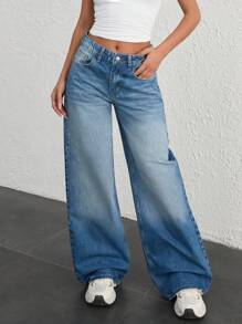 EURMUSE WOMEN LOW WAIST WIDELEG Y2K STREET WEAR CASUAL EVERYDAY - Medium Wash - View 6