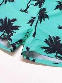 SHEIN Tween Boy Letter & Palm Tree Printed Raglan Sleeve Top And Swim Trunks Set, Suitable For Swimming Pool Or Beach - Multicolor - View 5