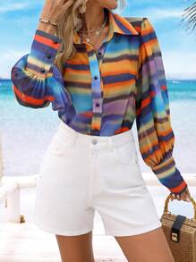 Breezaya Camisa de mujer de manga larga con un solo pecho, informal, suelta, con estampado de arcoíris, para vacaciones