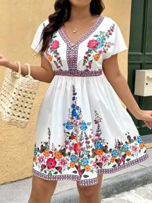 SHEIN VCAY 大码花卉印花 V 领蝙蝠袖休闲连衣裙 女士春季连衣裙 女士春季连衣裙 女士太阳裙 度假连衣裙 女士夏季度假服装 女士春季西部生日服装 波西米亚风女装 狂欢老钱外出服装 女士教师服装 女士早午餐服装 仙女风海滩度假 海滩度假优雅商务休闲装 仙女风可爱乡村风 女士办公室服装 工作毕业装 婚礼宾客装 热带风情 - 彩色 - 查看 4