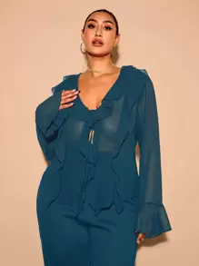 SHEIN BAE Plus Size Fall Elegant Sweet Sexy Women Blue Chiffon Ruffles Decoration Fit Long Sleeve Top Shirt Daily Wear See-Through