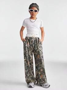 SHEIN Tween Girls Spring/Summer Back To School Basic Knit Camo Stretchy Comfortable Army Green Wide Leg Sweatpants - Green - View 5