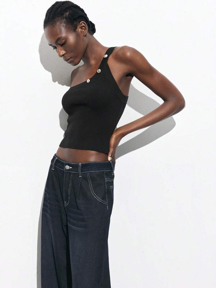 SHEIN Maija 2025 Summer New Asymmetrical Cut Asymmetric Shoulder Black Knit Vest With Chic Metal Buckle Decoration, Elegant Casual Commute Romantic Urban Resort Wear Suitable For Outing, Party, Wedding, Music Festival, Graduation