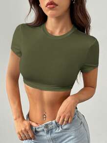 SHEIN PETITE Casual Simple Solid Color Round Neck Cropped Slim Fit Women's T-Shirt - Army Green - View 6
