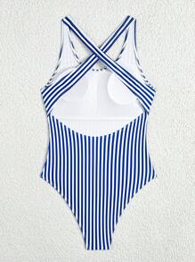 Swim SPRTY Women Summer Sleeveless Criss-Cross Backless Striped Printed Casual One Piece Swimsuit Beach Outfit
