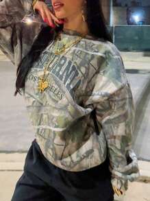INAWLY 休闲街头风格迷彩字母印花宽松圆领运动衫女式套头衫秋季