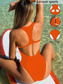 春假女士沙滩装，女士纯色前拉链露背连体泳衣