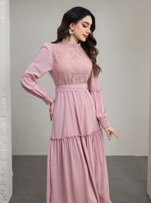 Women's Contrast Lace Long Sleeve Ruffle Hem Elegant Dress - Pink - View 5