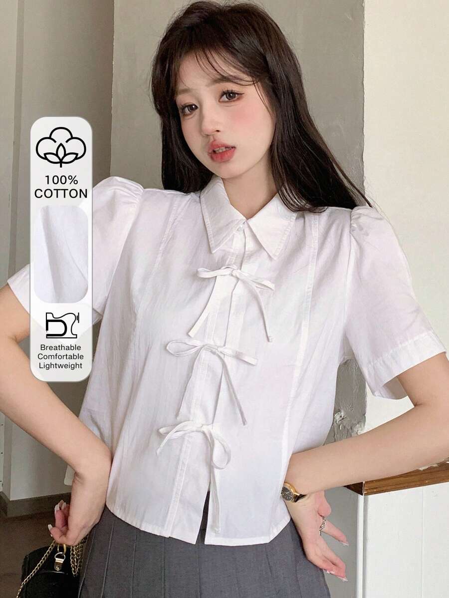 DAZY Của phụ nữ Màu thuần Bong bóng Tay áo Cà vạt Áo sơ mi - trắng - Xem 1