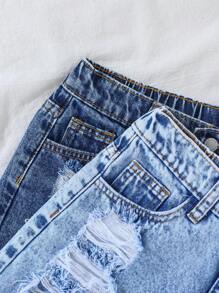 SHEIN Tween Girls Spring Summer Break 2 Pieces Ripped Light/Solid Washed Casual Baggy Denim Jeans Shorts,Girls Summer Beach Boho Vacation Concert Rave Festival Outfits - Medium Wash - View 4