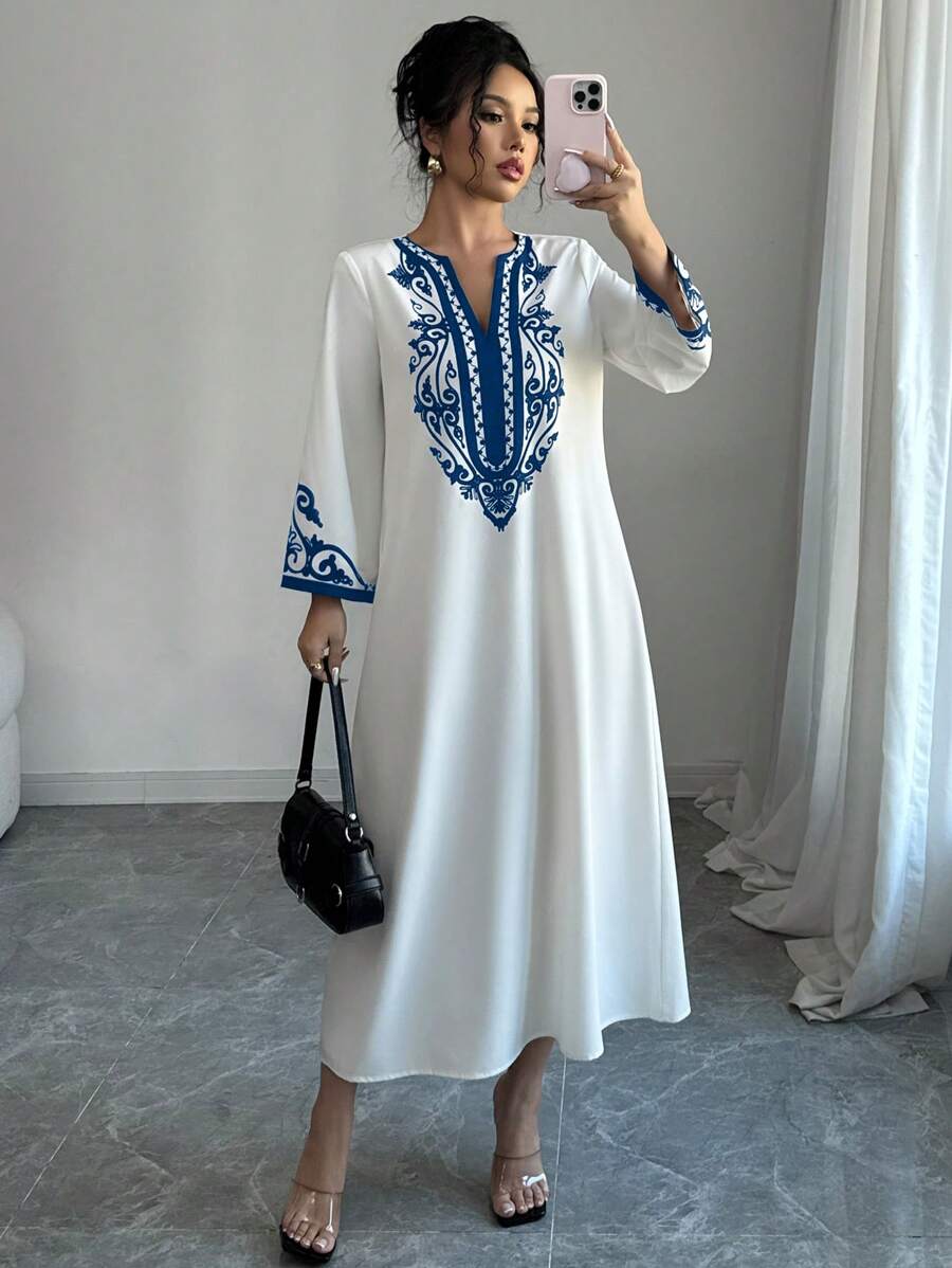 Elenzga Long Robe Dress For Women, New Fashionable Loose Printed Robe - White - View 1