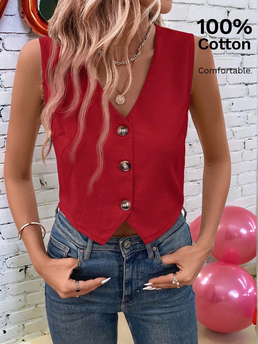 SHEIN LUNE 情人节红色衬衫新年女装红色女士开衫办公室女士简约纯色前扣背心衬衣 - 酒紅色 - 查看 1