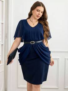 Ellevyn Vestido midi de línea A con cuello en V, de talla grande, elegante, de lunares, con parches de malla y cintura ceñida, de manga corta