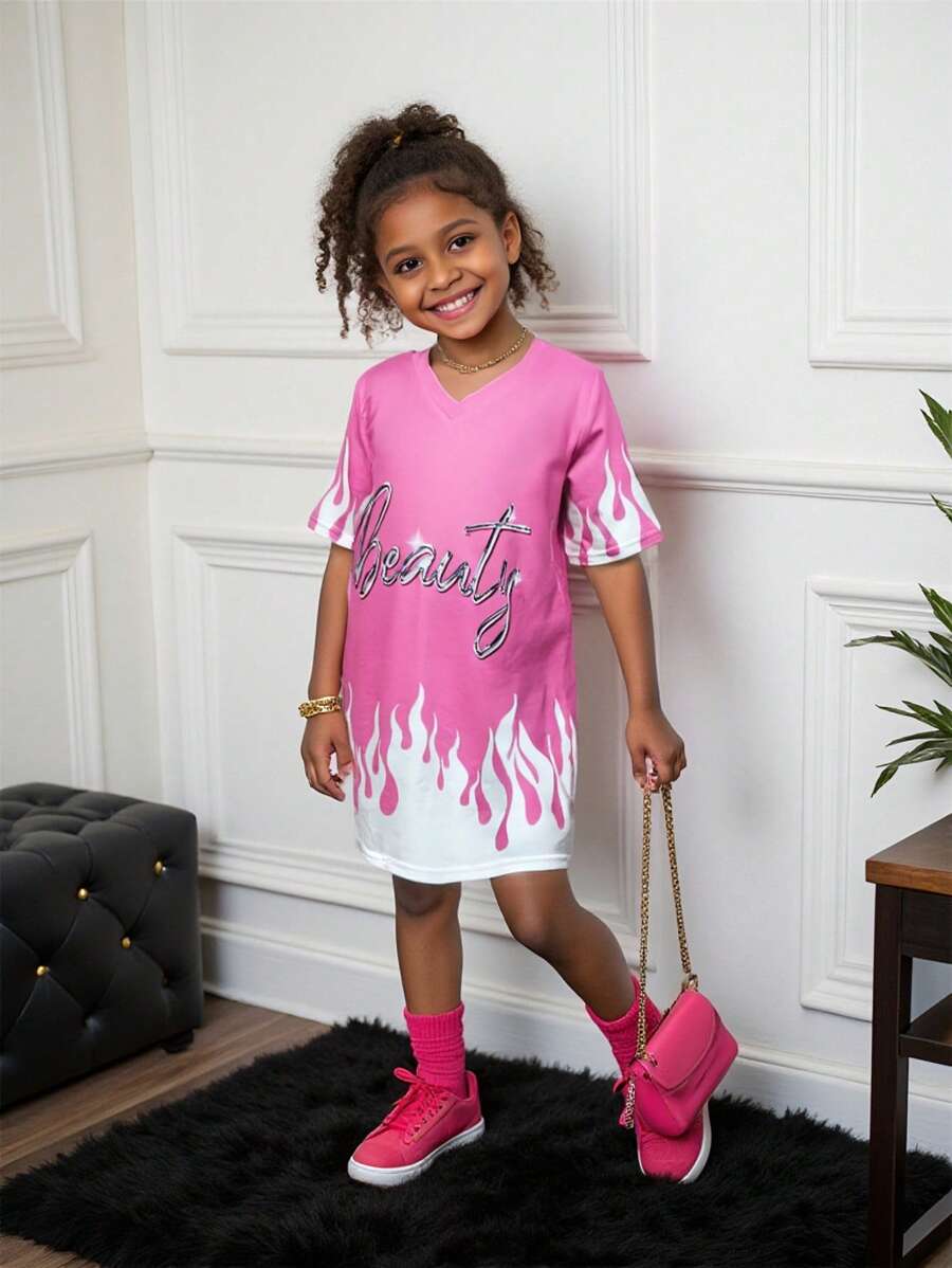 Young Girl Fitted Knit Dress With Letter Pattern, Round Neck - Red - View 1