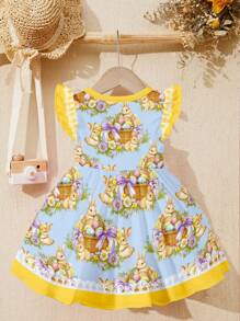 SHEIN Leap Crew Young Girl Cute Sweet Easter Rabbit Print, Bowknot , Sweet Bowknot Cartoon Print Fashion Dress, Suitable For Autumn And Winter
