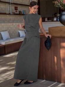 Livesso Old Money Casual Solid Color Pleated Tank Top + Long Skirt 2pcs Set For Women,Fall Clothes - Grey - View 6