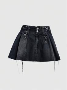 ROMWE Grunge Punk Women Vintage Washed Ripped Pleated Denim Mini Skirt - Black - View 7