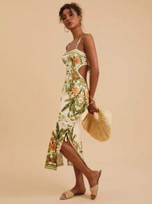 Travachic Women's Floral Print Backless Sleeveless Dress, Vacation Style,Summer Outfits For Women,  Suitable For Holiday , Afternoon Tea, Wedding Season, Beach Cruise Vacation, City Road Trip Vacation, Boho Vacation, Music Festival , Beachwear, Easter, Beach Outfits For Woman, Elegant Dress For Women, Vacation Outfits Women, Concert Outfit Women, Tropical Vacation Woman Clothes, Holiday Outfits, Bohemian Clothes,For Spring Sunmmer And Autumn - Yellow - View 1