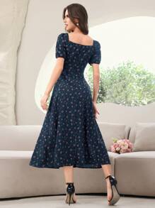 Modelyn 女士方领碎花开衩节日夏季短袖连衣裙长款晚礼服 - 藏蓝色 - 查看 2