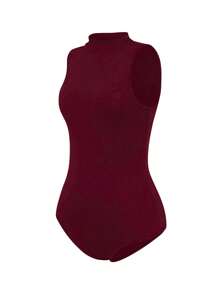 INAWLY Women's Casual Solid Color Stand Collar Bodysuit - Burgundy - View 4