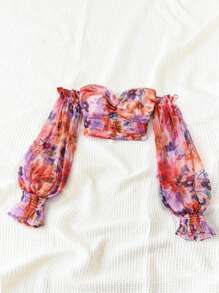 Soleia WYWH Women's Romantic Casual Vacation Dress, Suitable For Easter, Graduation, Wedding, Back To School, Party, Garden Tea - Cute Girl Style, Watercolor Floral Print, Off Shoulder Twist Blouse, Made Of Organza