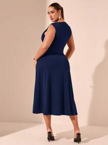 SHEIN BAE Plus Size Women's Simple Solid Color Sleeveless Daily Dress, Suitable For Valentine's Day, Summer, Birthday, Formal Events, Parties, Minimalist Style - Navy Blue - View 2