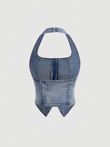 SHEIN MOD 女士单排扣休闲挂脖牛仔衬衫 - 中等水洗藍 - 查看 2