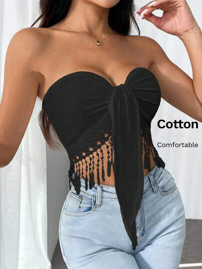 SHEIN Privé Women Solid Black Tube Top With Waist Tie And Tassel Hem, Casual Daily Wear