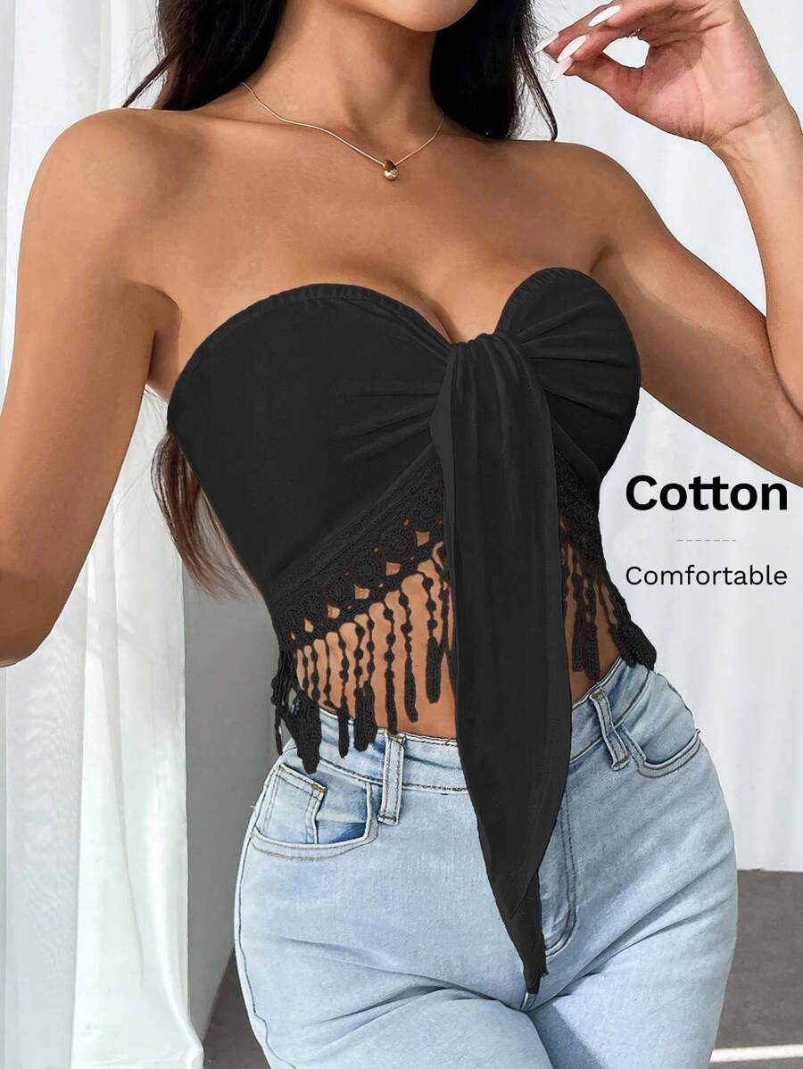 SHEIN Privé 女士纯黑色抹胸，腰带和流苏下摆，休闲日常穿着 - 黑色 - 查看 1
