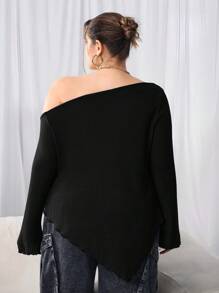SHEIN CURVE+ Plus Size Women's Top Asymmetric Neck Rib Knit T-Shirt,Valentine's Day Plus Size Christmas - Black - View 6