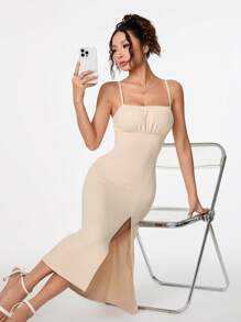 SHEIN PETITE Women Solid Color Ruched Midi Slip Dress With Slit - Apricot - View 7