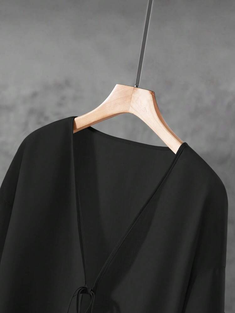 EMERY ROSE 2 件套女士加大码纯色前系带长袖上衣和阔腿裤，休闲装 - 黑色 - 查看 7