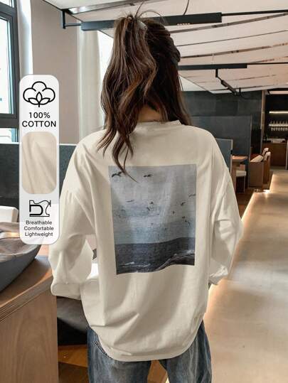 DAZY Women's Back Printed Beach Long Sleeve T-Shirt