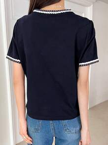 DAZY Camiseta De Cuello Redondo Con Ribete De Contraste - Azul Marino - Ver 5