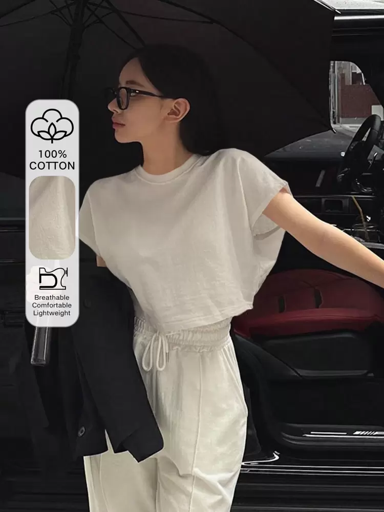 Women Solid Color Batwing Sleeve Cropped T-Shirt For Summer Preppy Tops