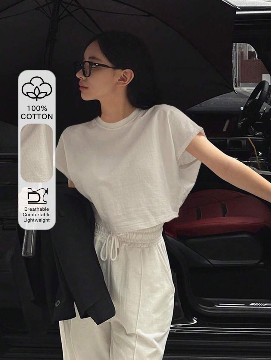 DAZY Women Solid Color Batwing Sleeve Cropped T-Shirt For Summer Preppy Tops - Apricot - View 1