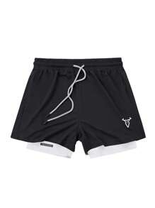 Manfinity Sport Corelite 1pc Men's Fitness Shorts, Running Training Shorts, Basketball Shorts, With Quick-Dry Lining And 2-In-1 Design, Spring And Summer - Black and White - View 3