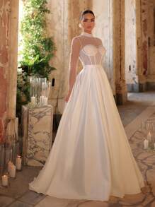 Glamrae Elegantes luxuriöses cremefarbenes Satin-Ballkleid mit Puffärmeln, wehendem Saum und Schleppe, geeignet für Hochzeit, Party, Urlaub, Ballkleid - Beige - Übersicht 4