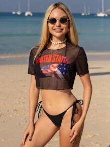 SHEIN Swim 3pcs USA Flag Print Bikini Set, For Summer Beach Vacation, 4th Of July - Black - View 2