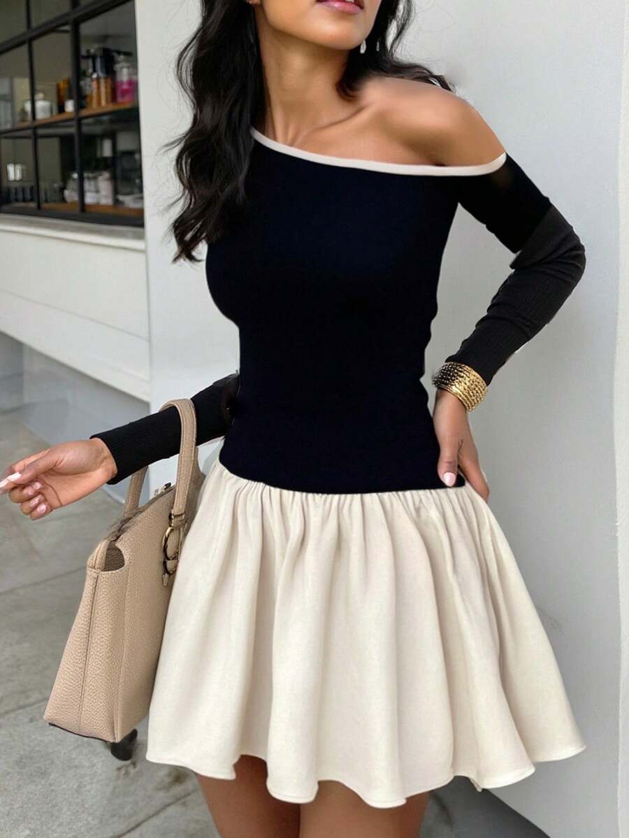 SHEIN Contrast Color Splicing Asymmetrical Neck Ruched Peplum Hem A-Line Dress, Elegant Quality For Teen Girls, Suitable For Autumn/Winter, New Year, Birthday, Party,Graduation Outfit - Multicolor - View 1