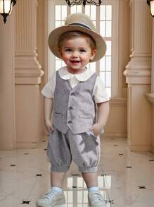 SHEIN Leap Crew 4 件套男婴/女婴休闲百搭短袖衬衫、背心、松紧腰短裤、帽子套装绅士西装，适合春夏季穿着，适合生日派对、洗礼、1 岁生日、庆祝、表演、婚礼